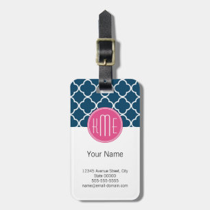 Elegant Navy Blue Quatrefoil with Pink Monogram Luggage Tag