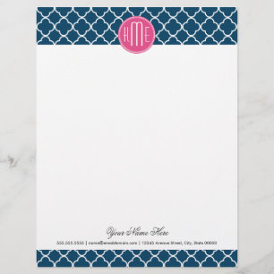 Elegant Navy Blue Quatrefoil with Pink Monogram Personalized Letterhead