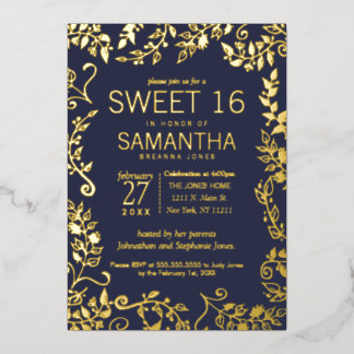 Elegant Navy Blue Real Gold Floral Sweet 16