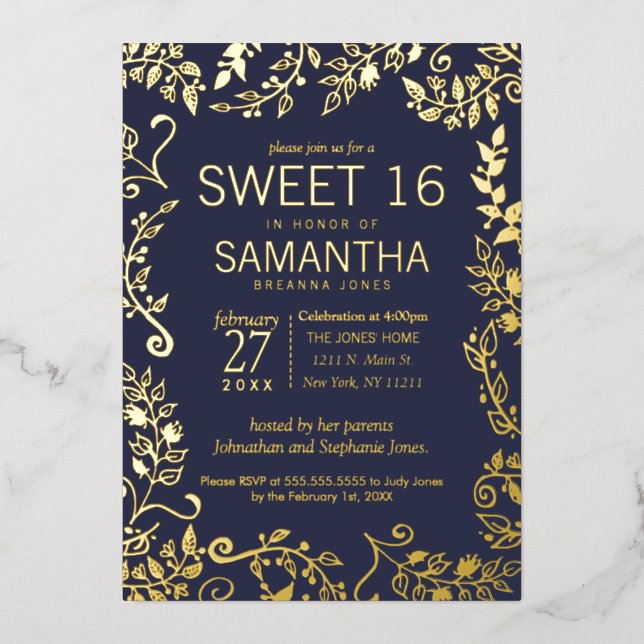 Elegant Navy Blue Real Gold Floral Sweet 16 (Front)