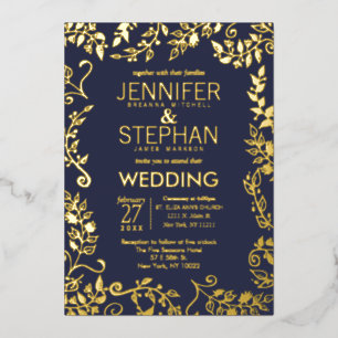 Elegant Navy Blue Real Gold Floral Wedding
