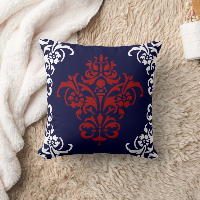 Elegant Navy Blue Red and White Damask Cushion (Blanket)