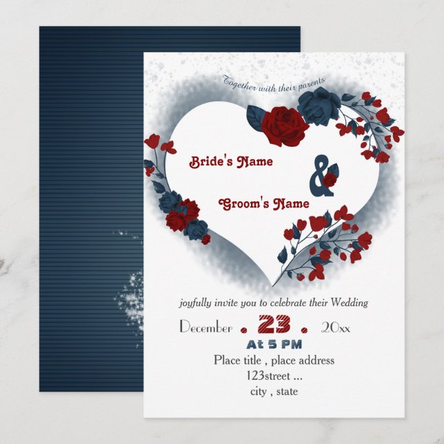 elegant navy blue red floral love heart invitation (Front/Back)