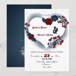 elegant navy blue red floral love heart invitation