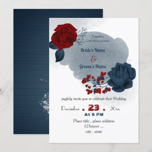 elegant navy blue & red flowers wedding invitation