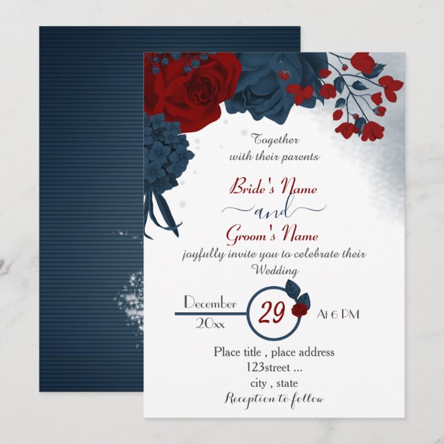 elegant navy blue & red flowers wedding invitation (Front/Back)
