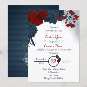 elegant navy blue & red flowers wedding invitation