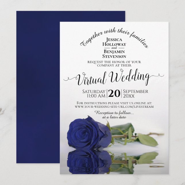 Elegant Navy Blue Reflecting Rose Virtual Wedding Invitation (Front/Back)