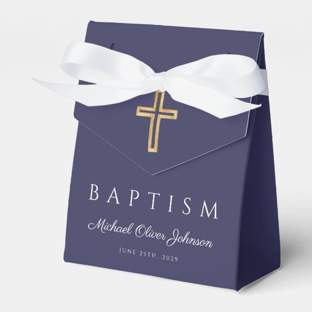 Elegant Navy Blue Religious Cross Boy Baptism  Favour Box (Front Side)