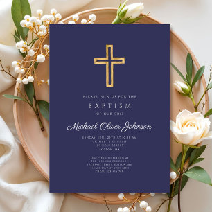 Elegant Navy Blue Religious Cross Boy Baptism Invitation