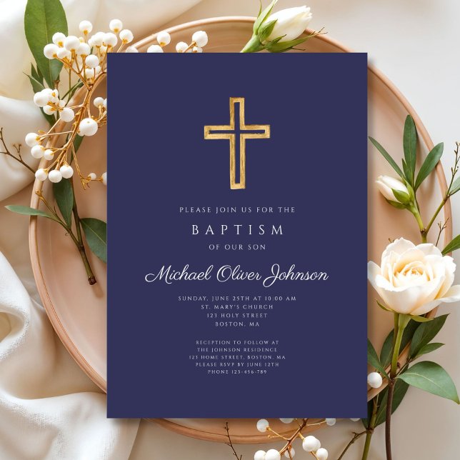 Elegant Navy Blue Religious Cross Boy Baptism Invitation (Elegant Navy Blue Religious Cross Boy Baptism Invitation)