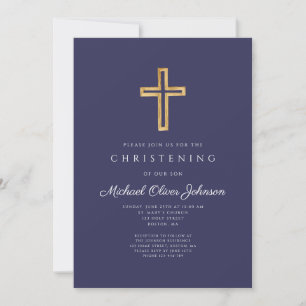 Elegant Navy Blue Religious Cross Boy Christening Invitation