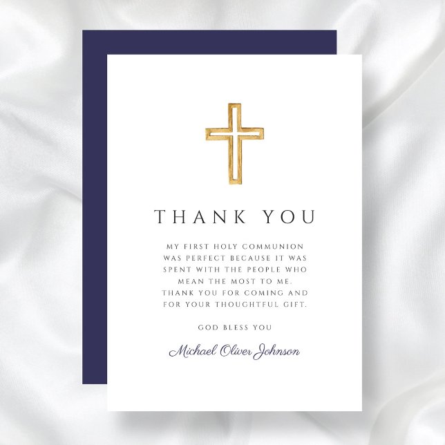 Elegant Navy Blue Religious Cross First Communion Thank You Card (Elegant Navy Blue Religious Cross First Communion Thank You Card)