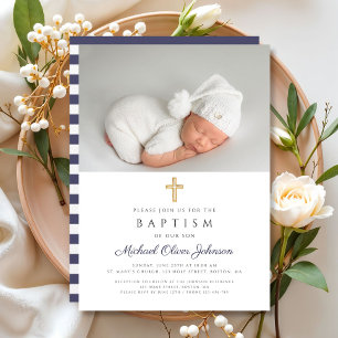 Elegant Navy Blue Religious Cross Photo Baptism Invitation