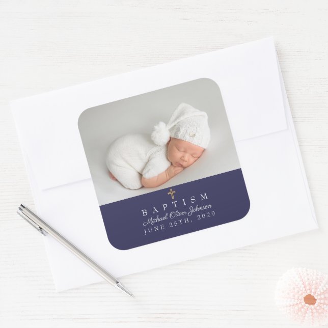 Elegant Navy Blue Religious Cross Photo Baptism Square Sticker (Envelope)