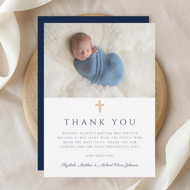 Elegant Navy Blue Religious Cross Photo Thank You Card (Elegant Navy Blue Religious Boy Photo Thank You Card)