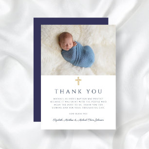 Elegant Navy Blue Religious Cross Photo Thank You Card