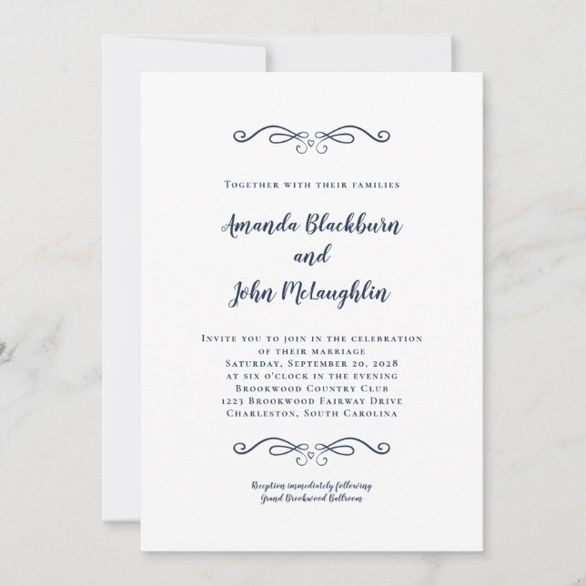 Elegant Navy Blue Romantic Formal Chic Wedding Invitation (Front)