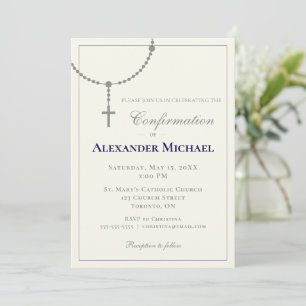 Elegant Navy Blue Rosary Confirmation Invitation