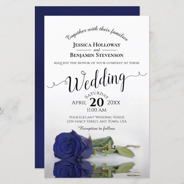 Elegant Navy Blue Rose BUDGET Wedding Invitation (Front/Back)