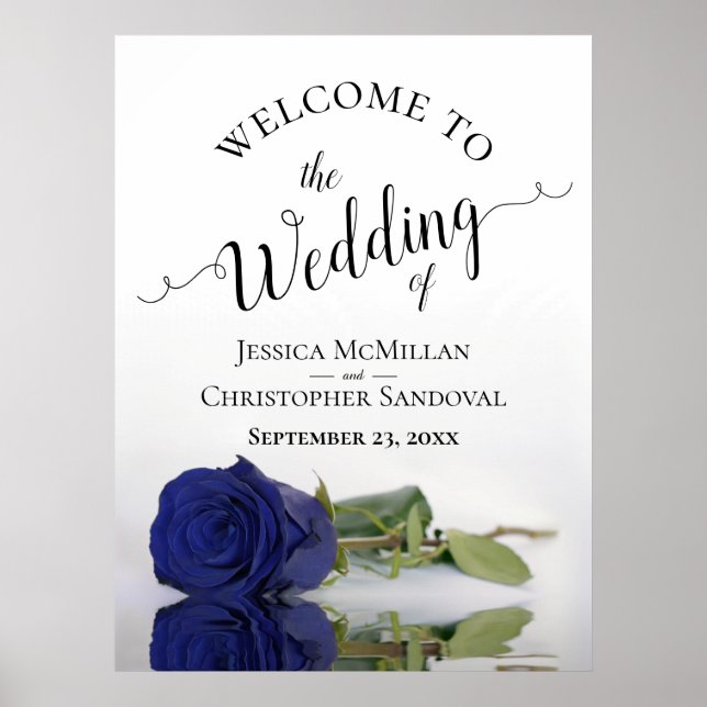 Elegant Navy Blue Rose Calligraphy Wedding Welcome Poster (Front)