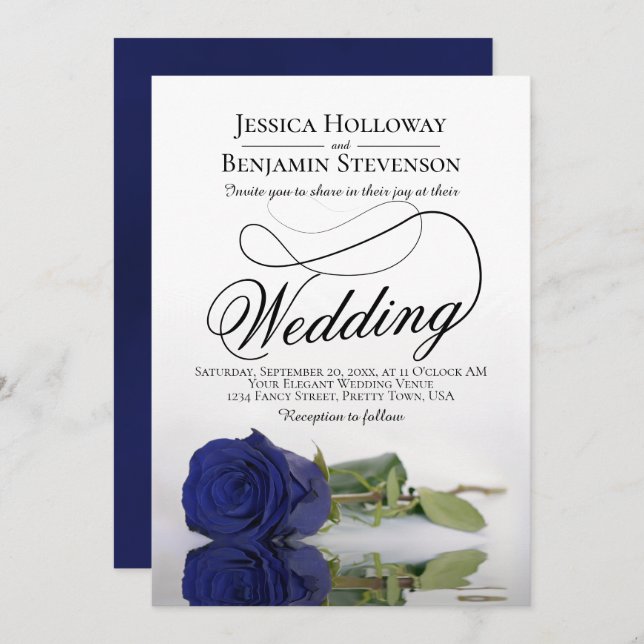 Elegant Navy Blue Rose Classy Script Wedding Invitation (Front/Back)