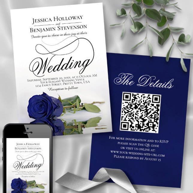 Elegant Navy Blue Rose Fancy QR Code Wedding Invitation (Creator Uploaded)