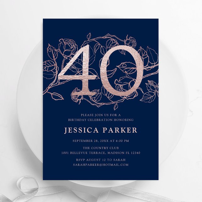 Elegant Navy Blue Rose Gold 40th Birthday Invitation (Creator Uploaded)