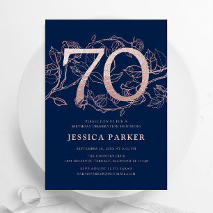 Elegant Navy Blue Rose Gold 70th Birthday Invitation