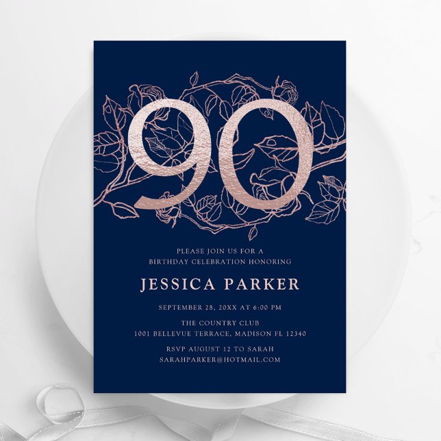 Elegant Navy Blue Rose Gold 90th Birthday Invitation (Creator Uploaded)