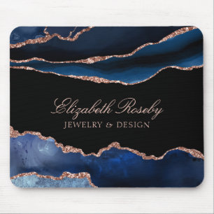 Elegant Navy Blue Rose Gold Agate Black Business Mouse Mat