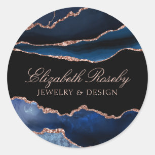 Elegant Navy Blue Rose Gold Agate Geode Business Classic Round Sticker