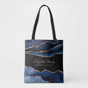 Elegant Navy Blue Rose Gold Agate Geode Business Tote Bag