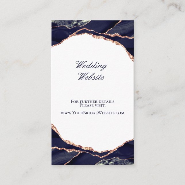 Elegant Navy Blue Rose Gold Agate Wedding Website Enclosure Card (Front)