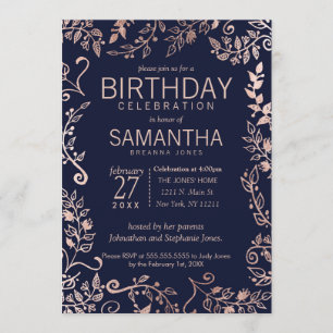 Elegant Navy Blue Rose Gold Floral Birthday Party Invitation