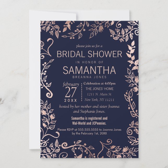 Elegant Navy Blue Rose Gold Floral Bridal Shower Invitation (Front)