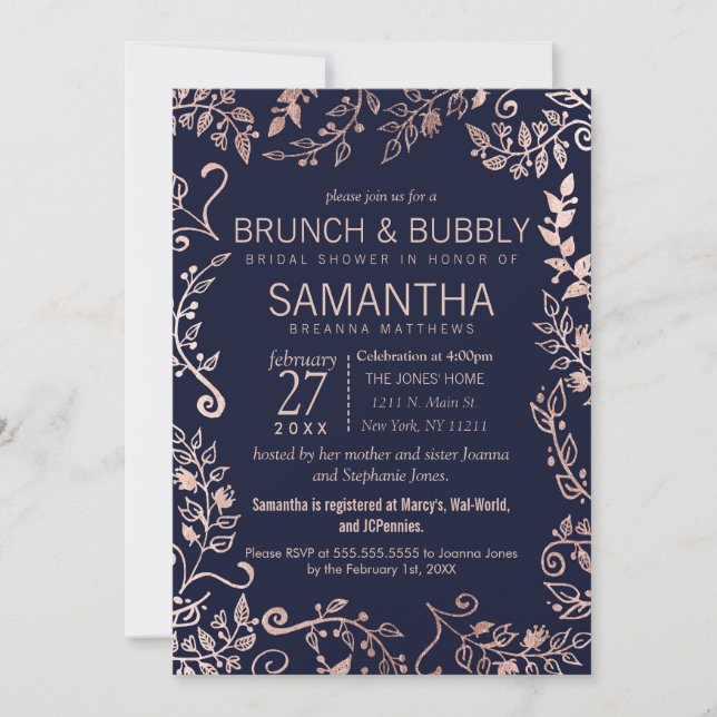 Elegant Navy Blue Rose Gold Floral Brunch Bubbly Invitation (Front)