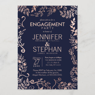 Elegant Navy Blue Rose Gold Floral Engagement Invitation