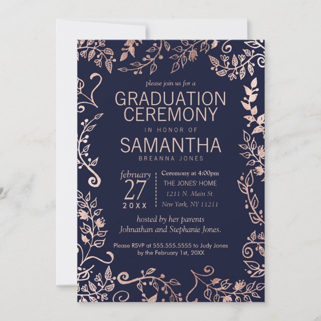 Elegant Navy Blue Rose Gold Floral Graduation Invitation (Front)
