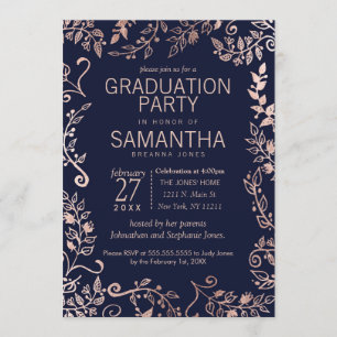Elegant Navy Blue Rose Gold Floral Graduation Invitation