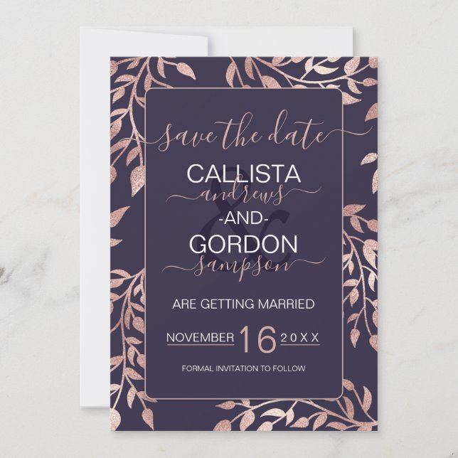 Elegant Navy Blue Rose Gold Floral Leaves Wedding Save The Date (Front)