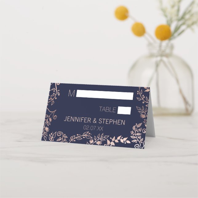 Elegant Navy Blue Rose Gold Floral Place Cards (Front)