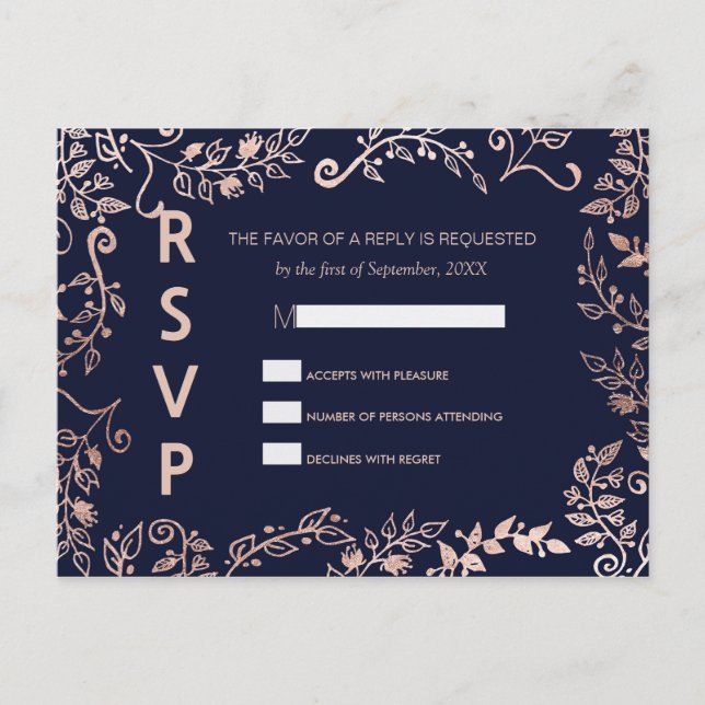 Elegant Navy Blue Rose Gold Floral RSVP Postcards (Front)