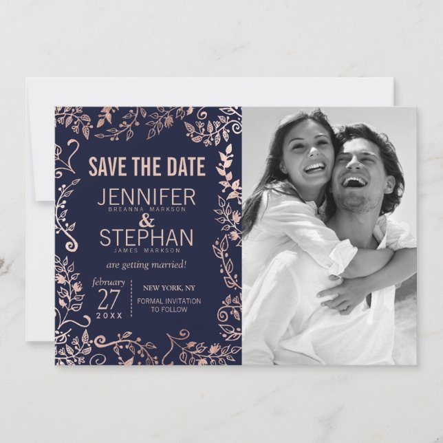 Elegant Navy Blue Rose Gold Floral Save the Dates Date (Front)