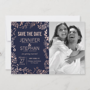Elegant Navy Blue Rose Gold Floral Save the Dates Date