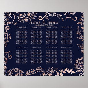 Elegant Navy Blue Rose Gold Floral Seating Chart