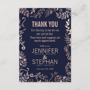 Elegant Navy Blue Rose Gold Floral Thank You Cards