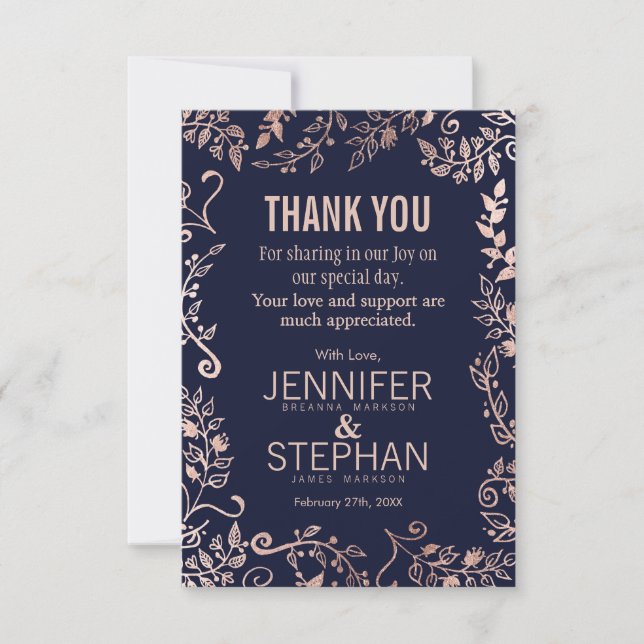 Elegant Navy Blue Rose Gold Floral Thank You Cards (Front)