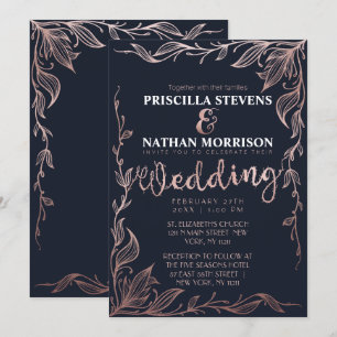 Elegant Navy Blue Rose Gold Floral Vine Wedding Invitation