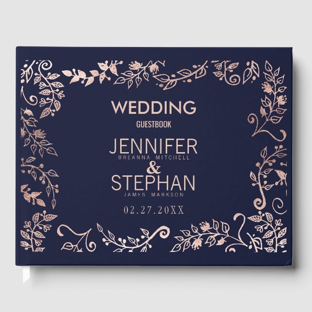 Elegant Navy Blue Rose Gold Floral Wedding Guest Book (Front)